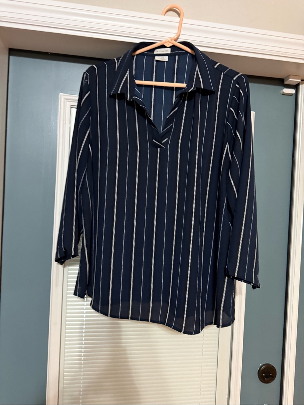 Van Heusen Navy and White Vertical Stripe Collared V-Neck Blouse